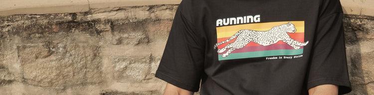 Sporty black t-shirt featuring a leopard running graphic